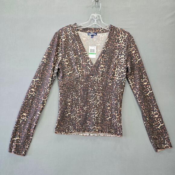 Freshman 1996 Long Sleeve Leopard Print Shirt Womens Size Large Brown V-Neck Top - Picture 2 of 11